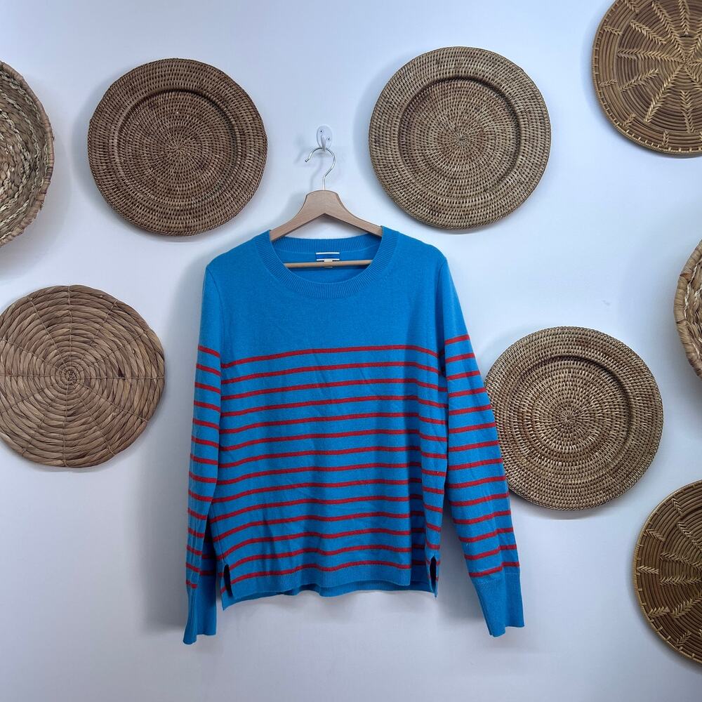 $148 J. Crew Cashmere Crew Neck Sweater XL Blue Orange Striped Soft Knit Preppy